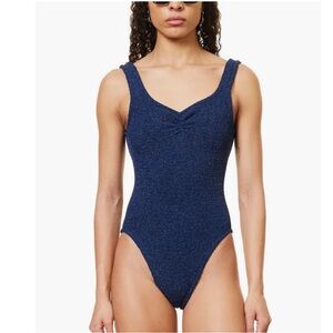 Hunza G Tonya Deep Navy Blue Metallic Crinkle One-Piece Swimsuit OS